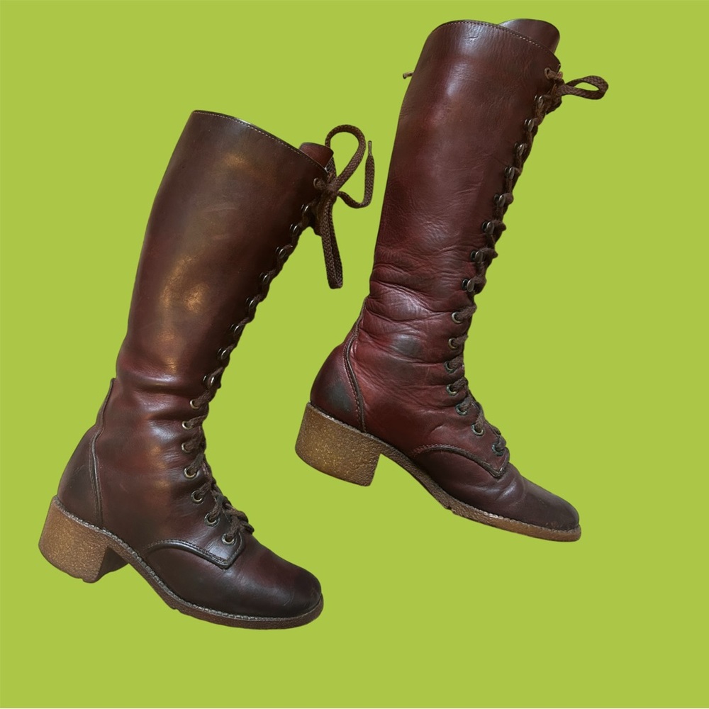 1970s vintage brown burgundy lace up campus boots W7 7.5 frye zodiac gum sole